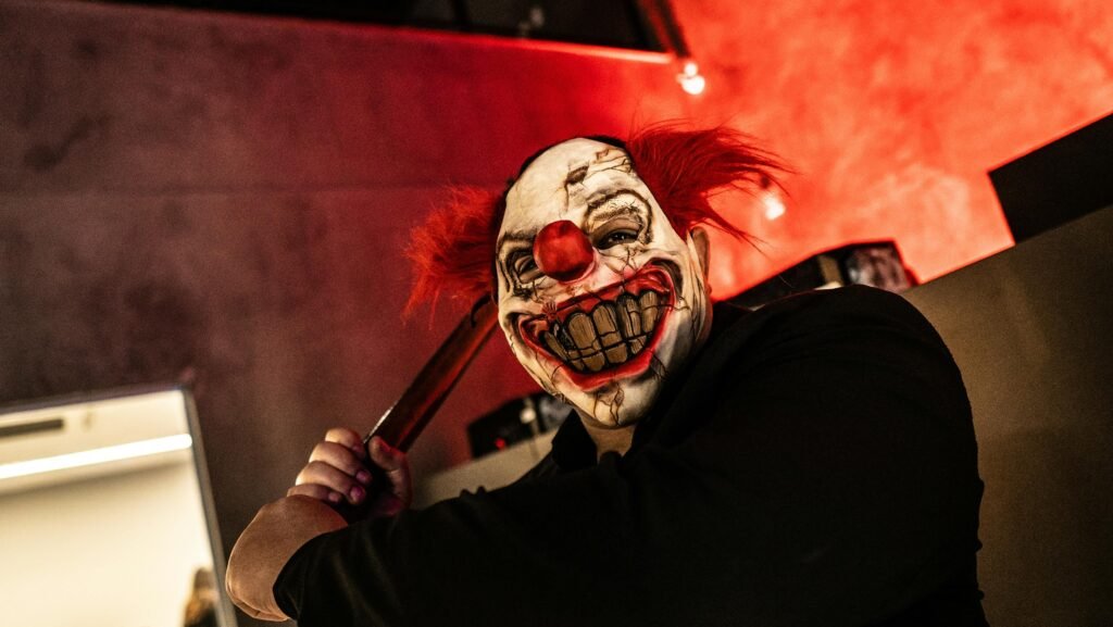 Creepy clown with a frightening mask holding a knife indoors under red lighting.